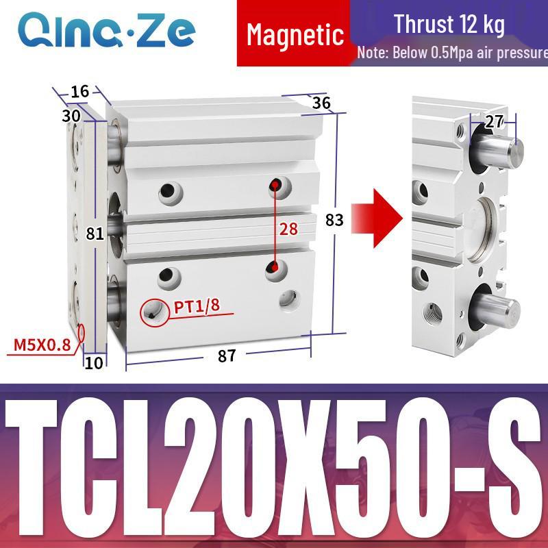 Kompaktowy pneumatyczny wielotłoczkowy cylinder trójosiowy TCL (12/16/20/10-100S)