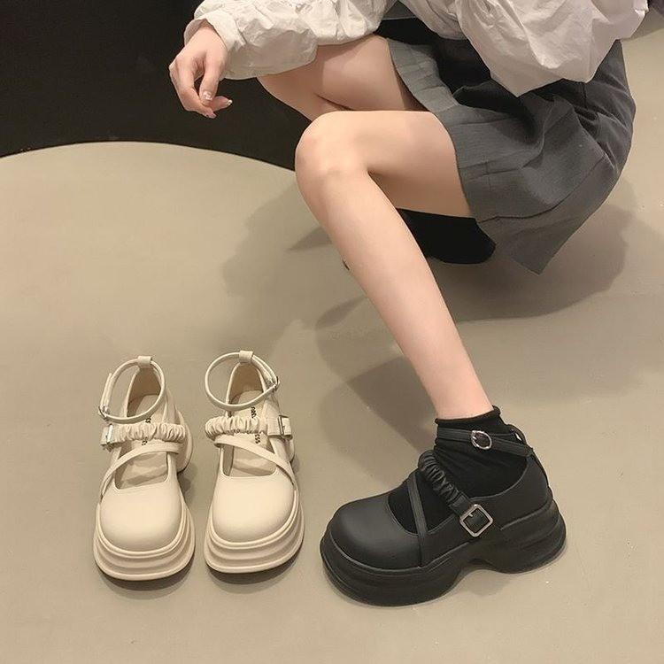 Thick-soled height increase Mary Jane small leather shoes women's 2025 spring and autumn new Korean version one-word buckle with light mouth thick hee