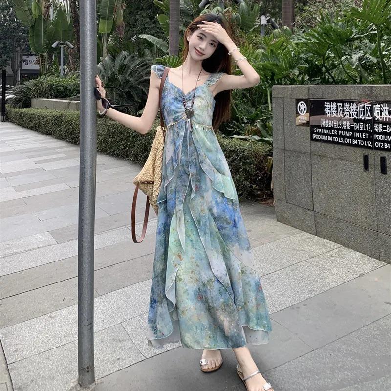 Seaside Vacation Xiaofei Sleeve Suspender Dress Female Summer New Oil Painting Smudge Waist Fairy Long Dress