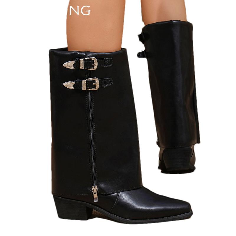Pointed Toe Women Mid Calf Bootas Leather Chunky Retro Mid Heels Shoes 2025 Trend New Brand Designer Zipper Winter Botas Mujer