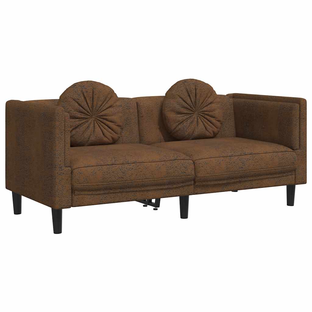 2 Seater Sofa with Cushions Brown Artificial Leather Suede Like Texture