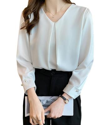 [Hovnbiexe] Women's Long-Sleeved V-Neck Chiffon Blouse, Stylish, Office Casual Top (L, White)