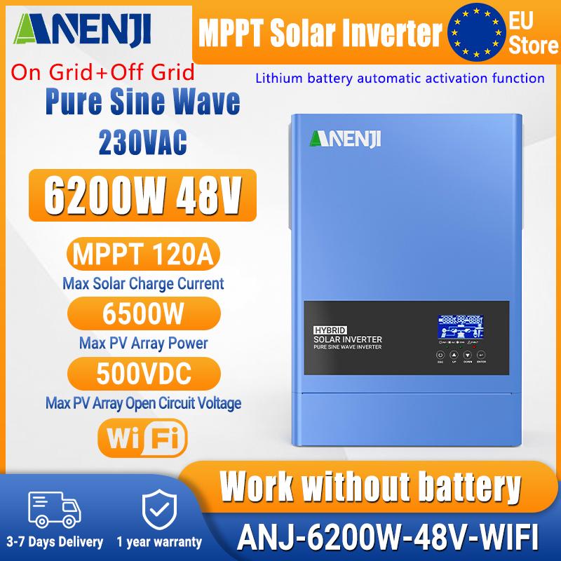 ANENJI 51.2V 100AH LiFePo4 Battery A Grade Cells 5KWH BMS 6.2KW 48V Hybrid Solar Inverter AC 220VAC Pure Sine 120A PV 60-500VDC