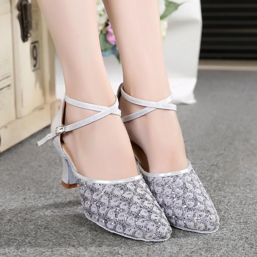 Módní moderní taneční boty pro ženy, boty na latinskoamerické tance se třpytivým síťovaným svrškem se sekviny, měkkou semišovou podrážkou a vysokými podpatky, černé boty