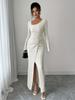 2026 Korean European Style Split Maxi Dress - Elegant Slim Fit Knit with Long Sleeves and Hip-Hugging Design