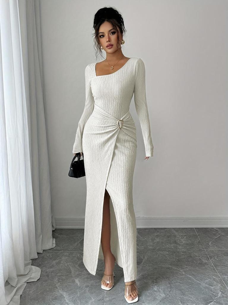 2026 Korean European Style Split Maxi Dress - Elegant Slim Fit Knit with Long Sleeves and Hip-Hugging Design