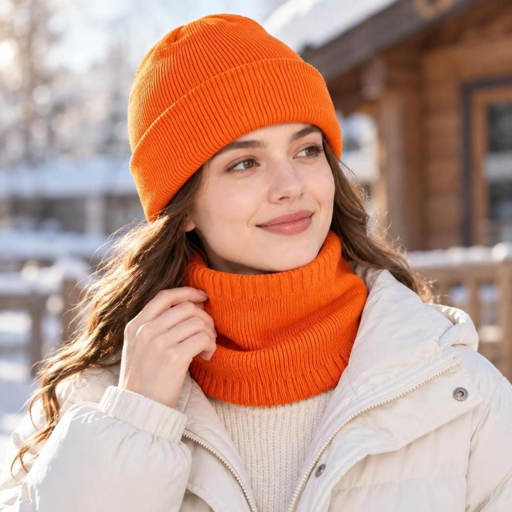 Solid Color Winter Hat Windproof Couple Hat Scarf Set Pullover Hat Neck Warmer  For Women Men