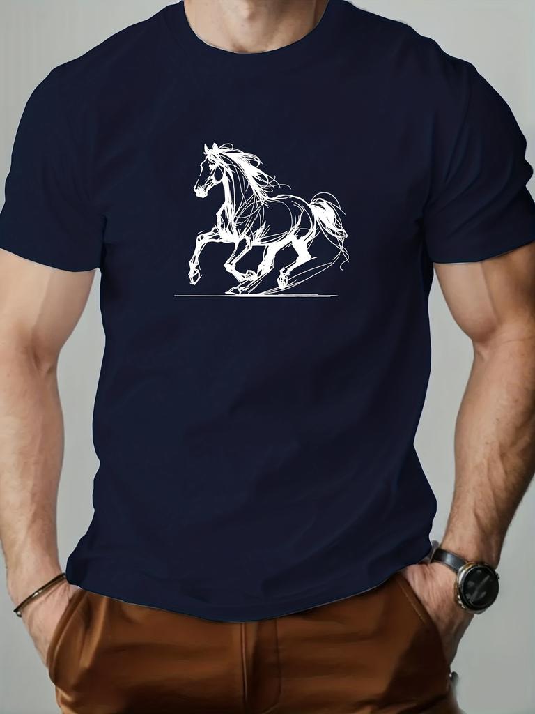 Unisexs Tee Line Sketch Running Horse Graphic Print Cotton Short Sleeve Male Casual Streetwear Outdoor Daily Basic Fashion Top