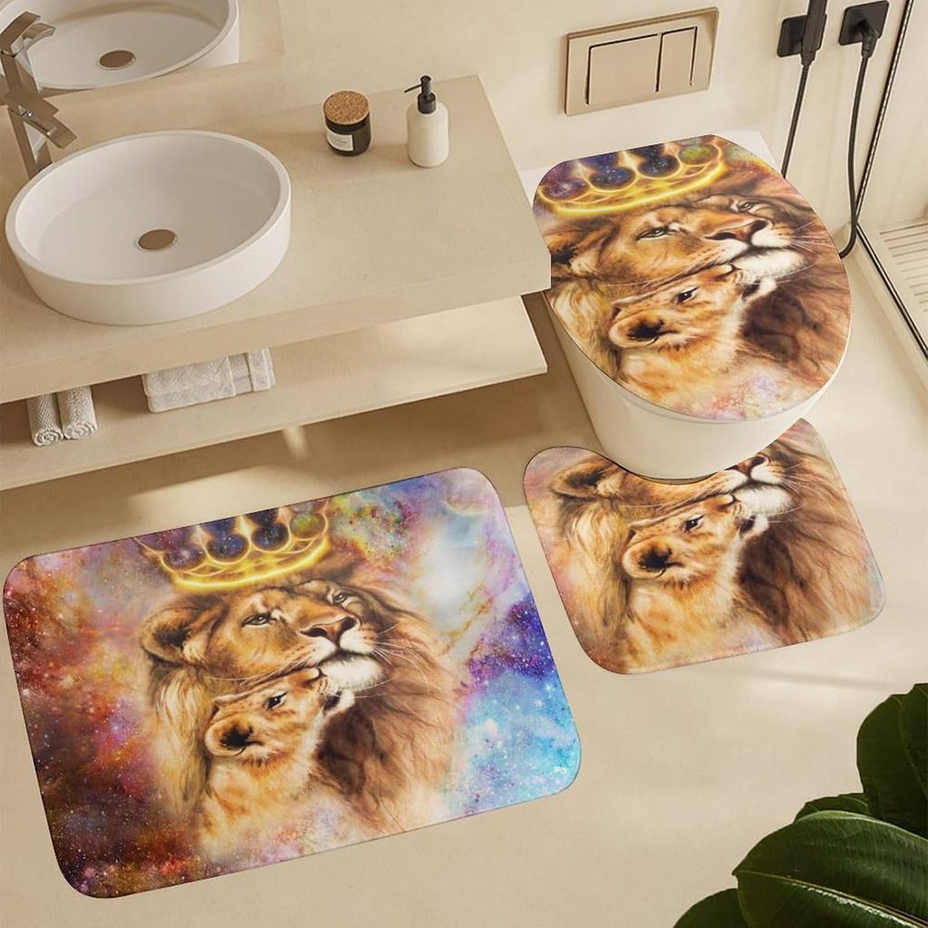 Rustic African Lion 4 Pcs Waterproof Shower Curtain Set,Summer Tropical Jungle Wildlife Lion Father and Son with Waterproof Toilet Cover Shower Mat