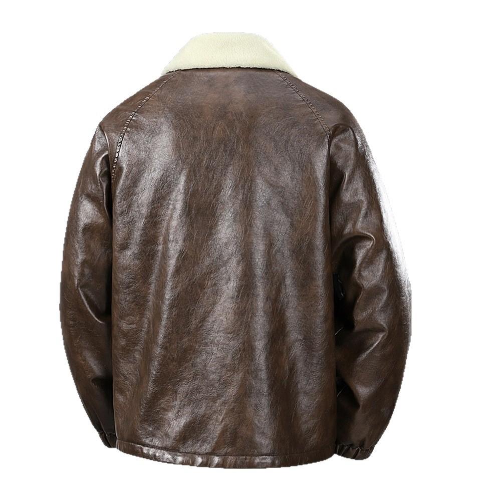 Exclusive for men's velvet PU leather jacket fashionable and casual thickened warm light luxury leather jacket men's lapel shoulder plugs