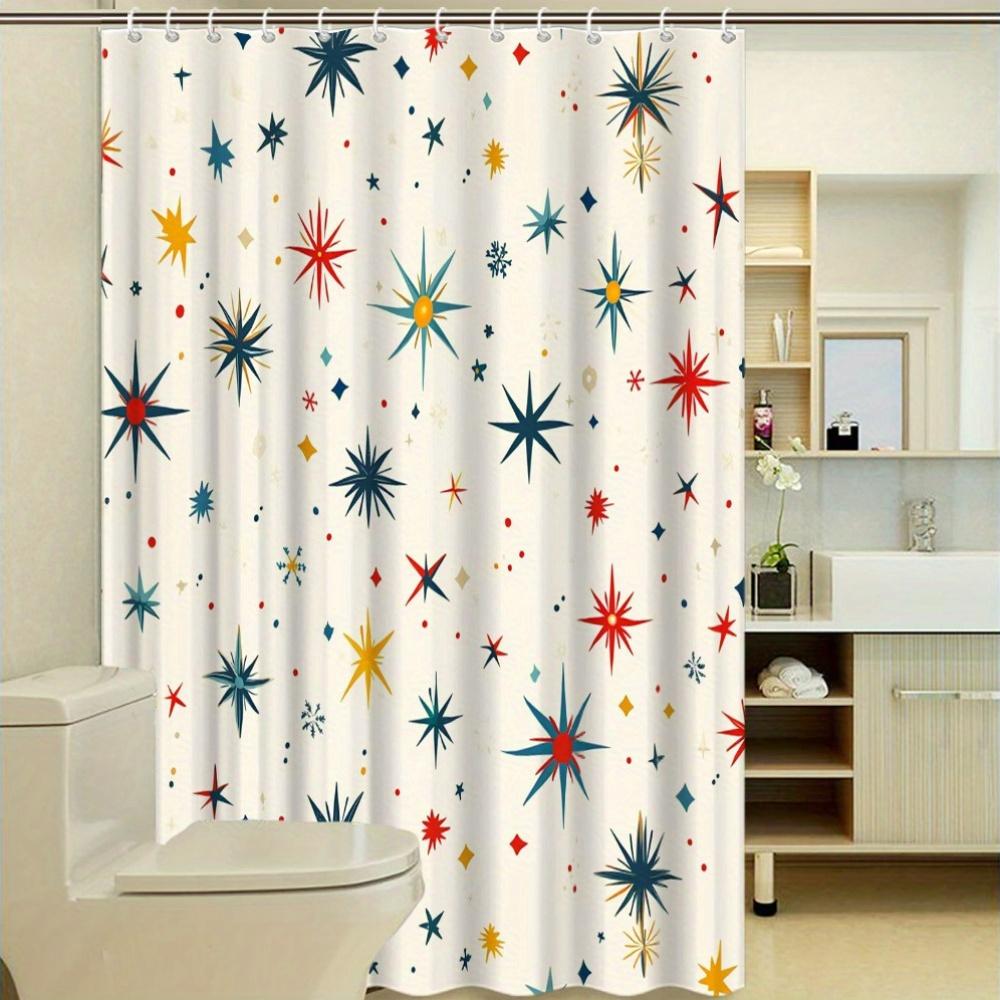 Colorful Star Pattern Shower Curtain - Mid-Century Modern, 4 Colors, Polyester, Light Beige, 12 Hooks, 70.8x70.8 Inches