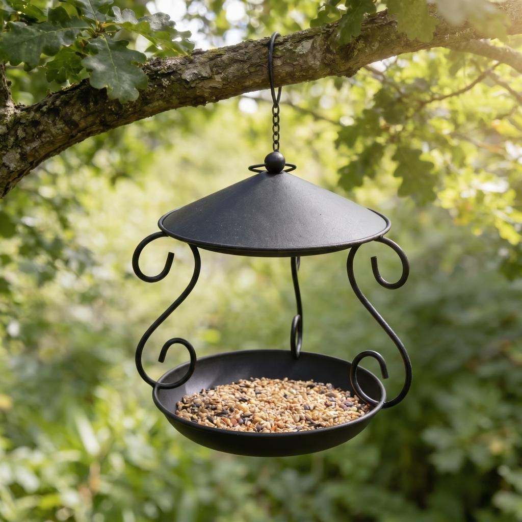 Outdoor Hanging Metal Bird Feeder with Circular Tray and Protective Roof for Garden Balcony Yard Automatic Feeding Station