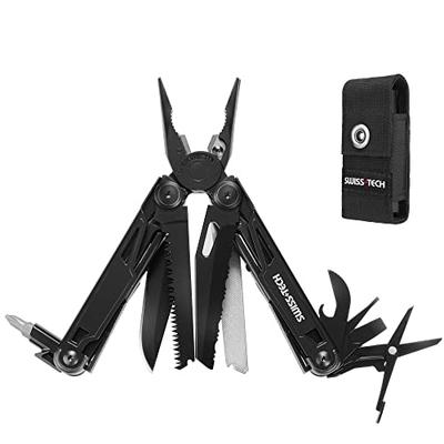 SWISS+TECH 16-in-1 Multi-Zange, Outdoor-Multitool mit Verriegelungsfunktion, Enthält Messer, Säge, Schraubendreher, Maßband, Flaschenöffner, Feile und P