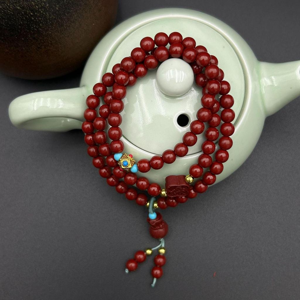 Ethnic Style Multi-Turn Cinnabar God of Wealth Bracelet - Buddhist Beads Hand String
