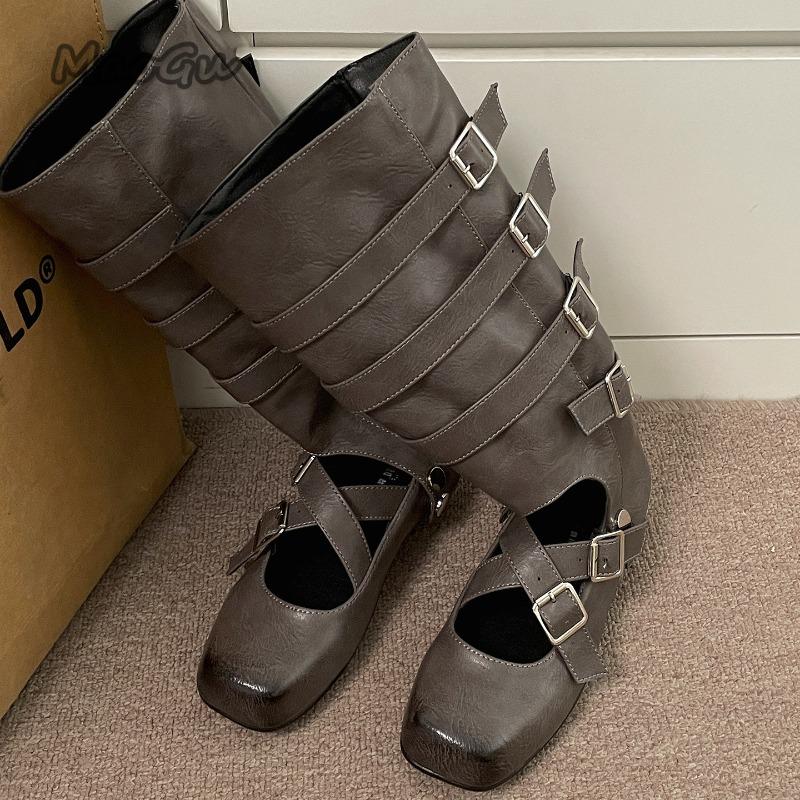 Modische Retro Atmungsaktive Lange Stiefel für Damen 2025 Neu Schnallenriemen Slip-On Stiefel PU-Leder Weiche Sohle Damenstiefel Quadratische Zehenkappe Trendig