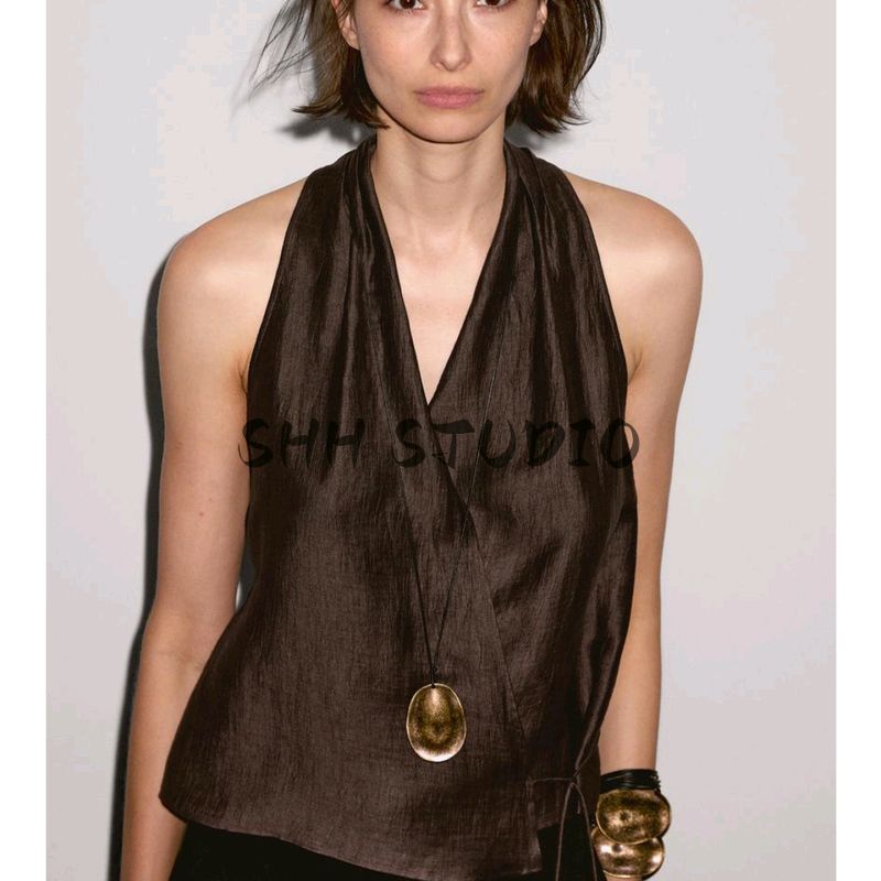 MD Summer Women's Clothing Minimalistic Temperamental Old Money Style Vacation Style V-neck Halter Sleeveless Short Shirt Tops 5124533