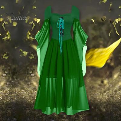 Robe vintage pour femme, manches irrégulières en corne, couleur unie, ligne A, grand ourlet, taille fine, plissée, bretelles à lacets, costume médiéval pour fête d'Halloween, cosplay, fête