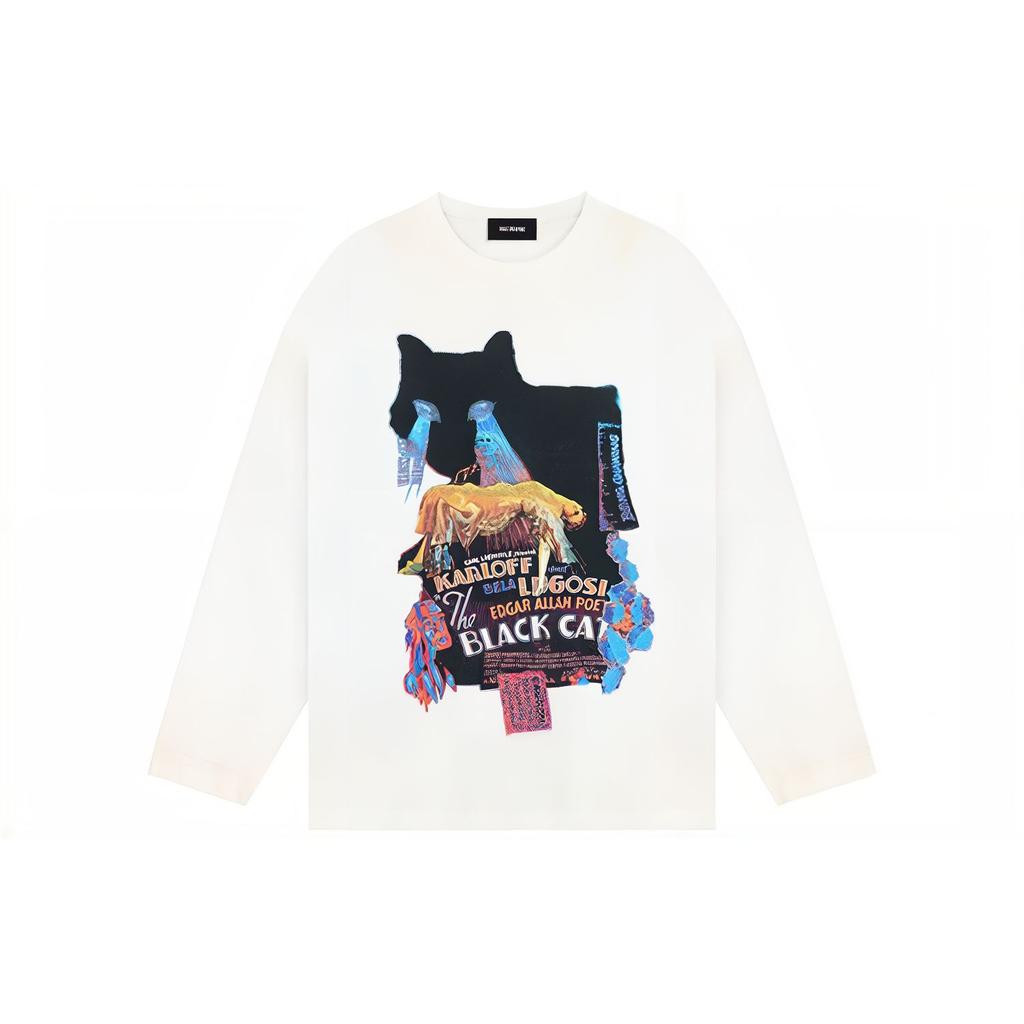 WE11DONE T-shirt Unisex Girocollo Manica Lunga con Fantasia Gatti FW23 Bianca WD-TT3-23-741-U-WH
