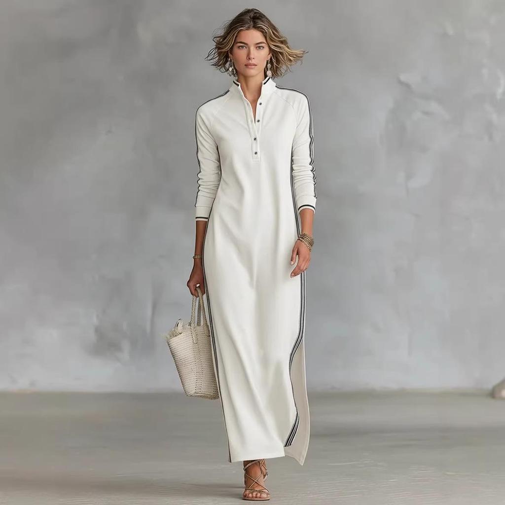 European & American Style White Trim Button-Collar Hoodie Dress 2026