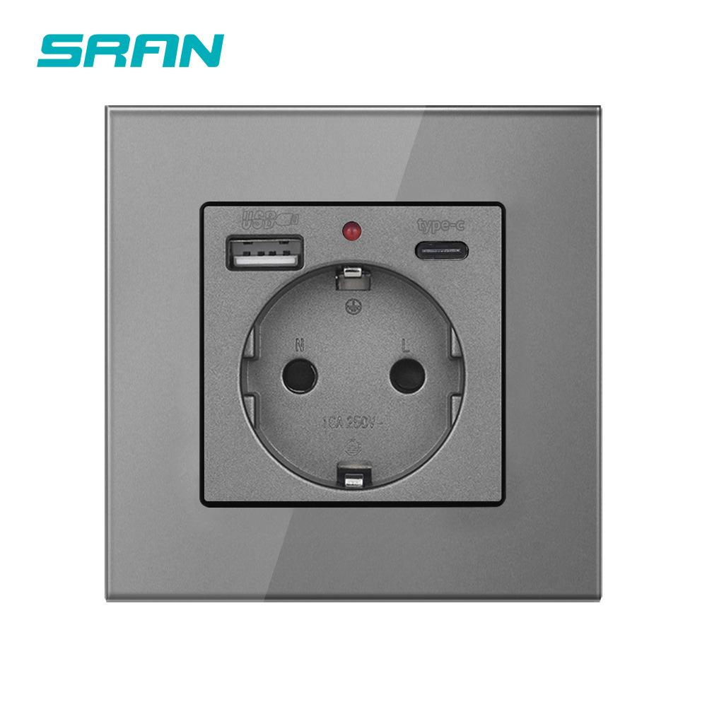 Bseed Europe Russia 16A Wall Power Socket White Black Grey Gold Crystal Glass Panel Plug Electrical Outlet for Home Improvemet