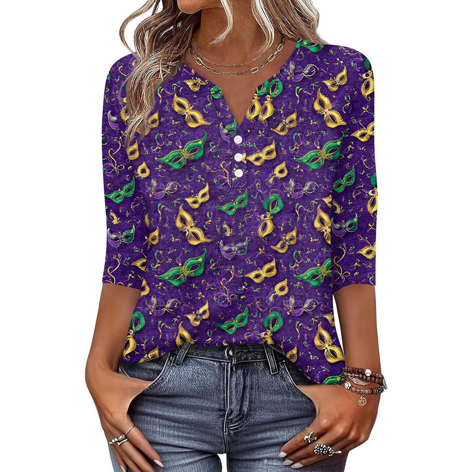 

Women s T Shirt Print Button 3/4 Sleeve Daily Weekend Fashion Basic V- Neck Regular Top XXXL фіолетовий