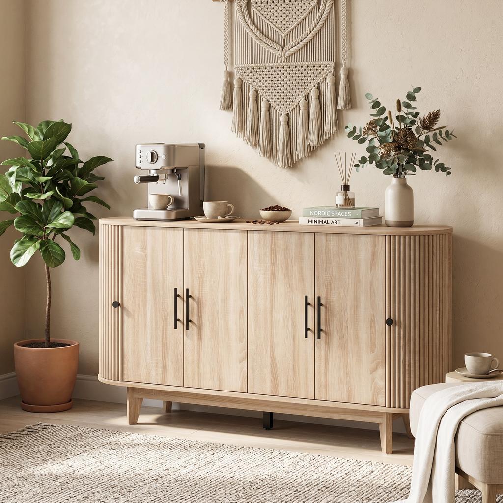 Living Room Sideboard, Oval, 4 Doors, 2 Adjustable Shelves, 147 x 40 x 76 cm, Oak