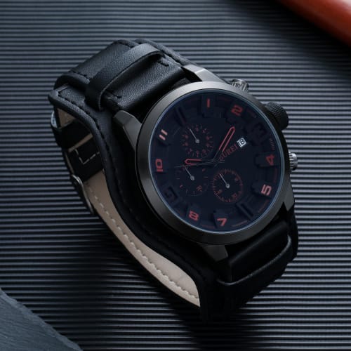 BUREI Men's Analog Quartz Watch, Waterproof, Simple Design, Chronograph, Black Leather Strap, Made In Japan, Battery-Operated, Gift
