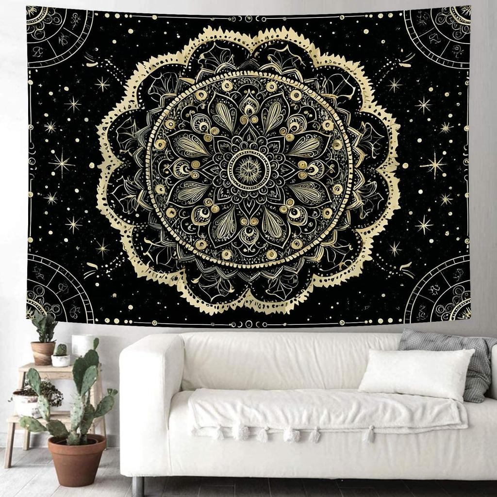 Black and Gold Mandala Tapestry Astrology Space Hippie Bohemian Floral Medallion Tapestry Wall Hanging Aesthetic Psychedelic