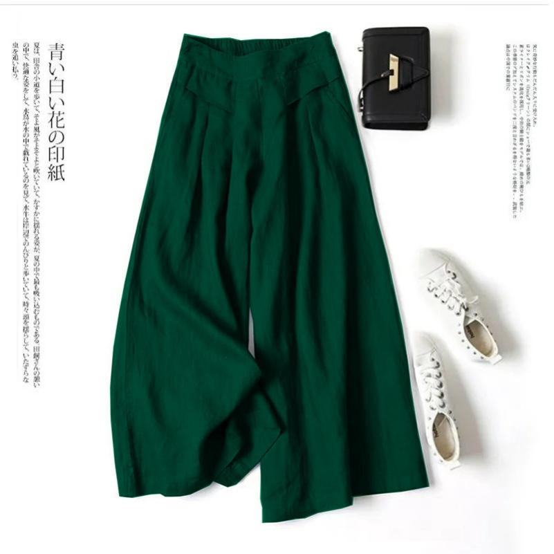 Women's Loose-fitting Semi-elastic High-waist Thin Literary Cotton and Linen Wide-leg Culottes