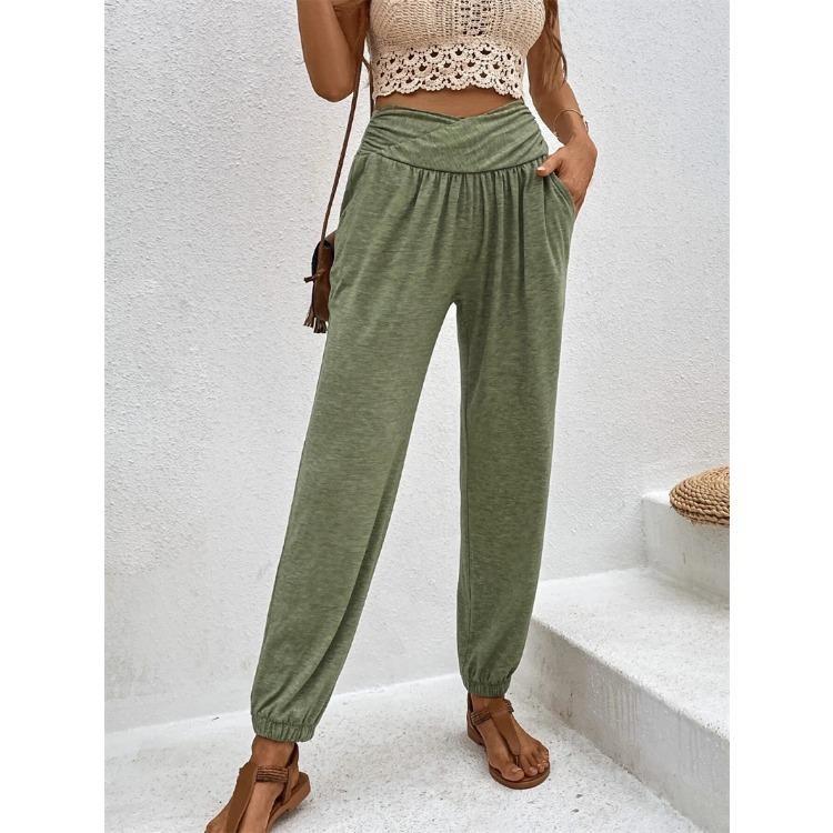 

High Waisted Casual Trousers for Women Summer Loose Fit Home Pants with Pocket Temperament Style S армия зеленый