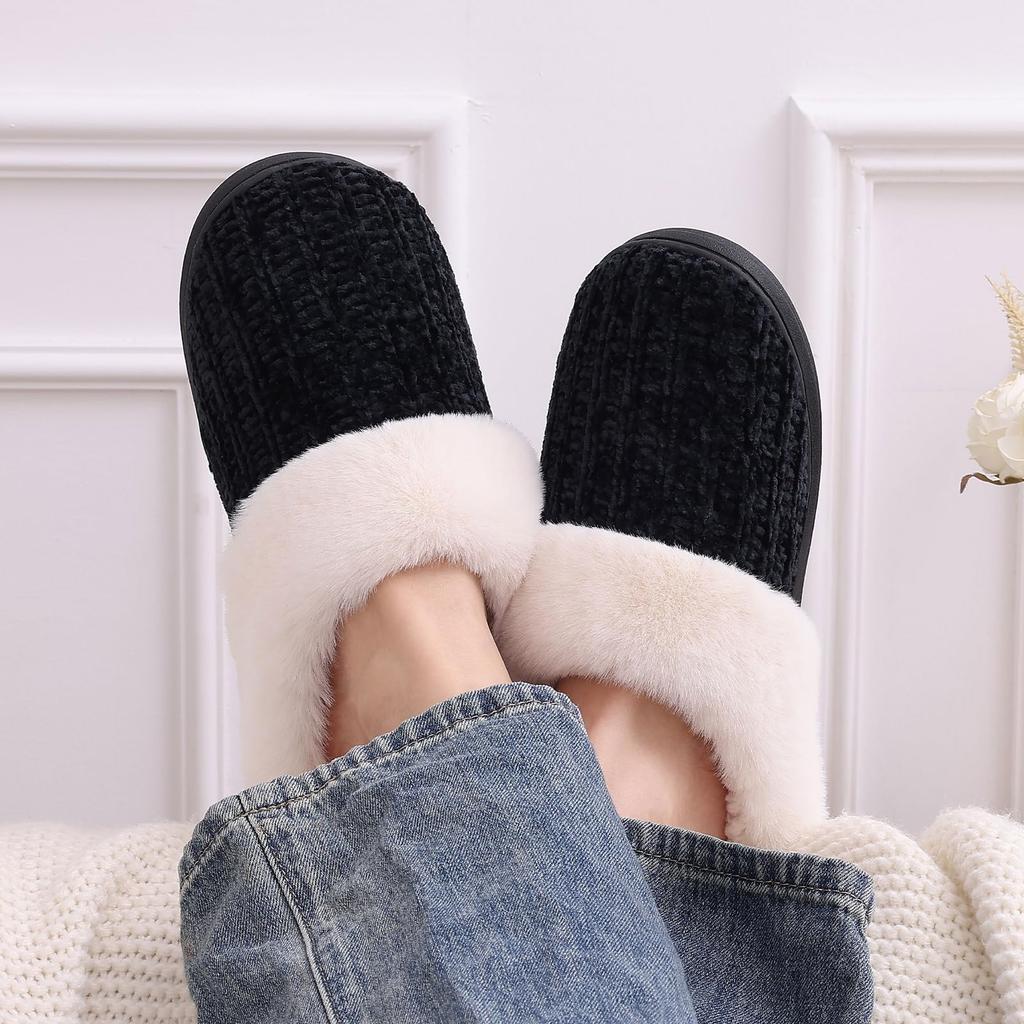 Fashion Shevalues Winter Plush Lining Slippers For Women Cozy Wool-Like Lined Chenille Slippers Memory Foam Fuzzy Warm Indoor Slippers