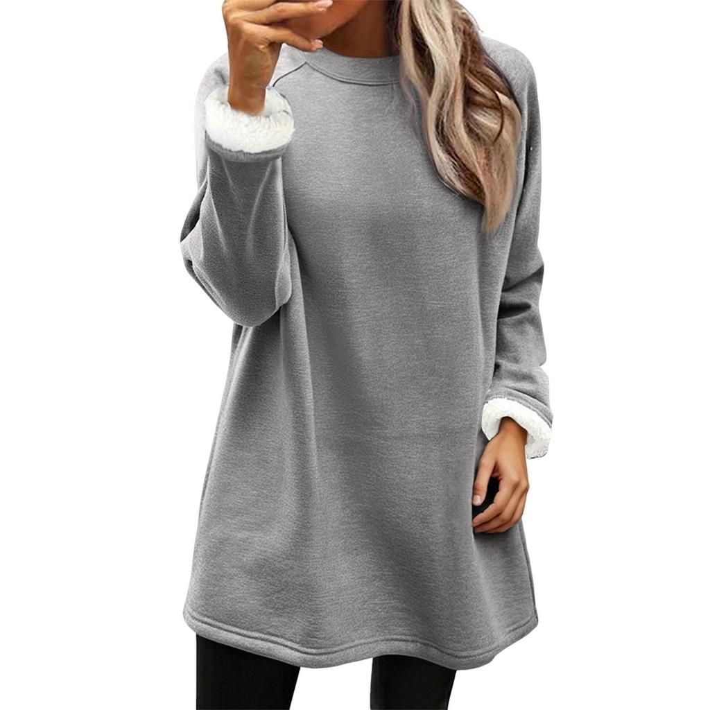 Women's Fashion Casual Home Plush Solid Color Round Neck Sweatshirt
