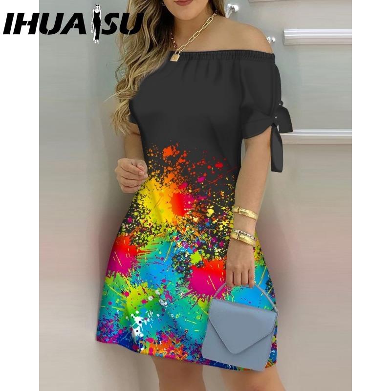 IHUASU Women Fashion Off Shoulder Dress Short Sleeve Bow Tie Print Dresses Summer Beach Dresses Plus Size