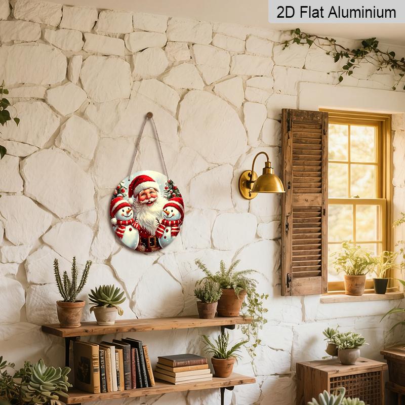 2D Flat 1pc Round Aluminum Hanging Sign, Vintage Santa Claus Two Snowmen Christmas Tree Metal Wall Decor, Xmas Winter Farmhouse Front Door Porch