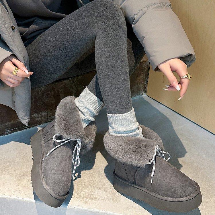 Rindsleder-Version Riemen dicke Sohle Schneestiefel Damen 2025 neu Samt warm Nordost große Baumwollstiefel verdickt flauschige kurze Stiefel