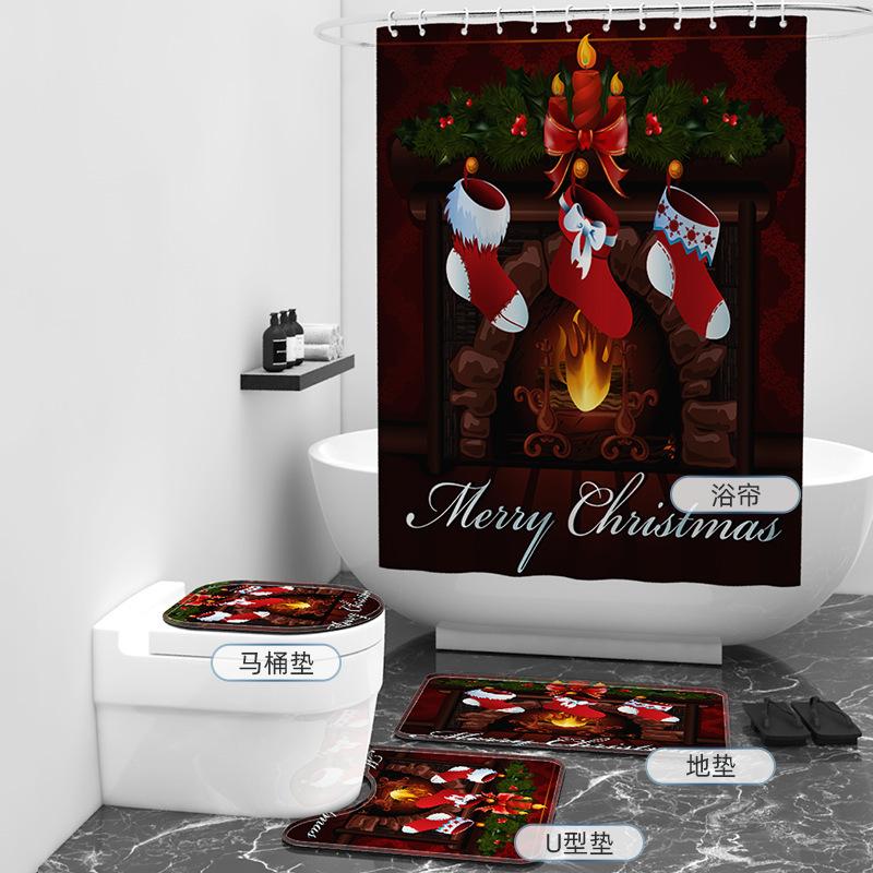 Bathroom 4-Piece Christmas Digital Printing Bathroom Non-Slip Mat U-Mat And Shower Curtain Set