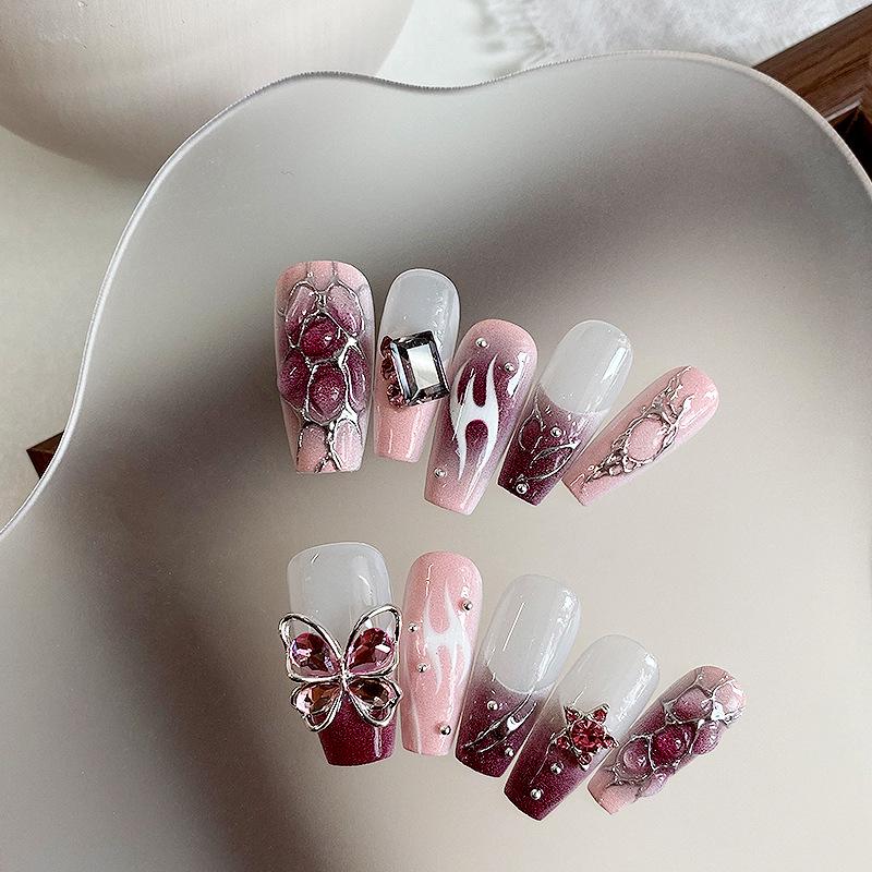 Роскошные Черно-Фиолетовые Сказочные Ногти с Золотым Бантом – Ручная Работа Высококачественные Носимые Накладки на Ногти Medium Set