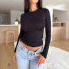 Women's Crew Neck Long Sleeve Crop Top Slim Fit Casual Solid Knit Tee Basic Layering Top