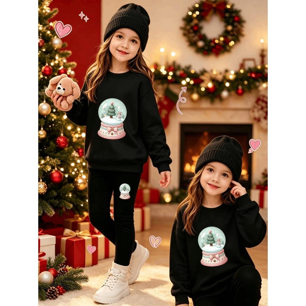 Girls' Christmas Snow Casual Comfortable Soft Loose Pullover Sweatshirt and Leggings 2-Piece Set, New Autumn/Winter, Playful, Sweet and Cool Style