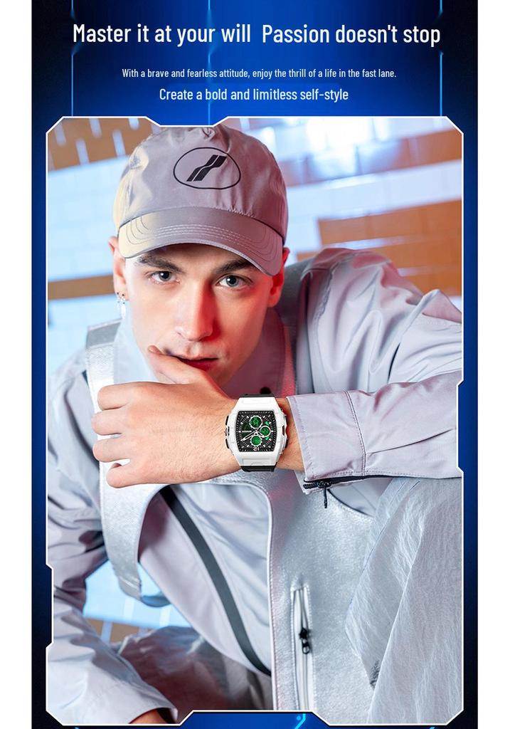 Sanda Men's Sports Barrel-Shaped Luminous Countdown Watch with Triple Time Zone and Dual Display, Waterproof Design.