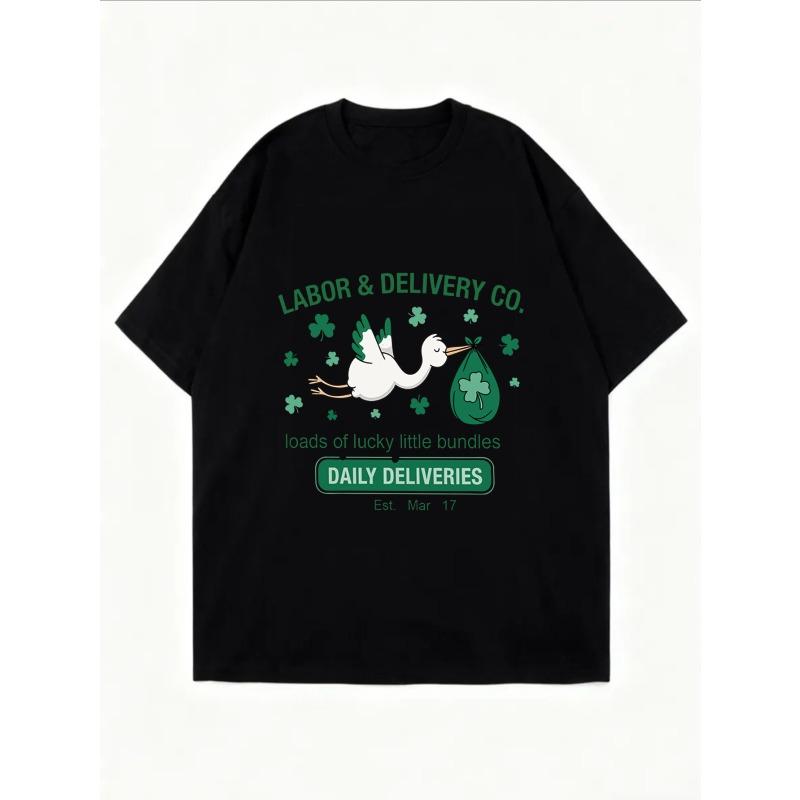 Oversized T-Shirt with Green Stork & Clover Print – "LABOR & DELIVERY CO." Fun Lucky-Themed Top