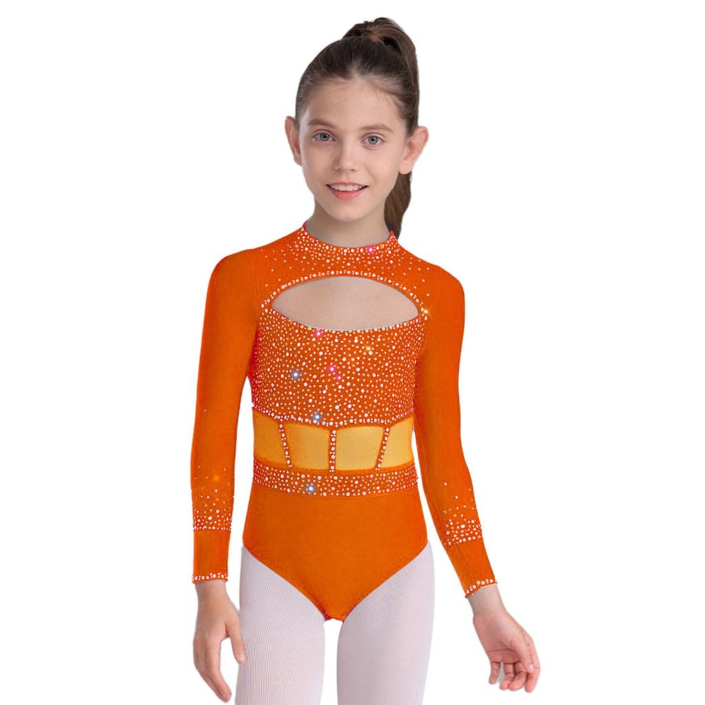Girls Dance Bodysuit Long Sleeve Rhinestone Leotard with Back Zipper & Cutout for Performance