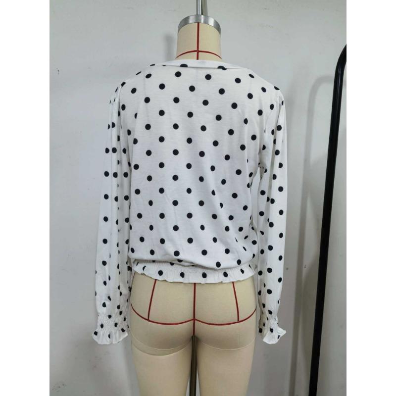 Loose V Neck Polka Dot Print Long Sleeve Casual Women T Shirt