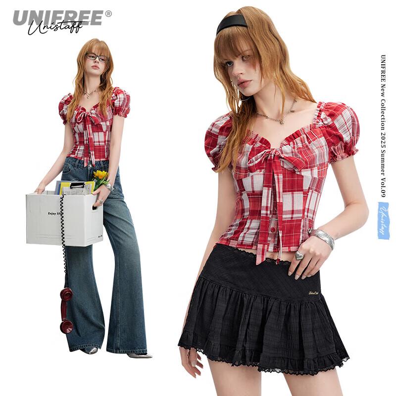 UNIFREE Bow-Decorated Plaid Short-Sleeve Shirt L
