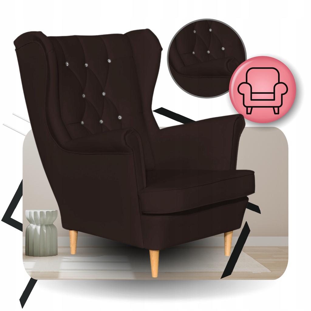 Fotel Uszak eko skóra Gaja z podnóżkiem Skandynawski Family meble brąz ciemny