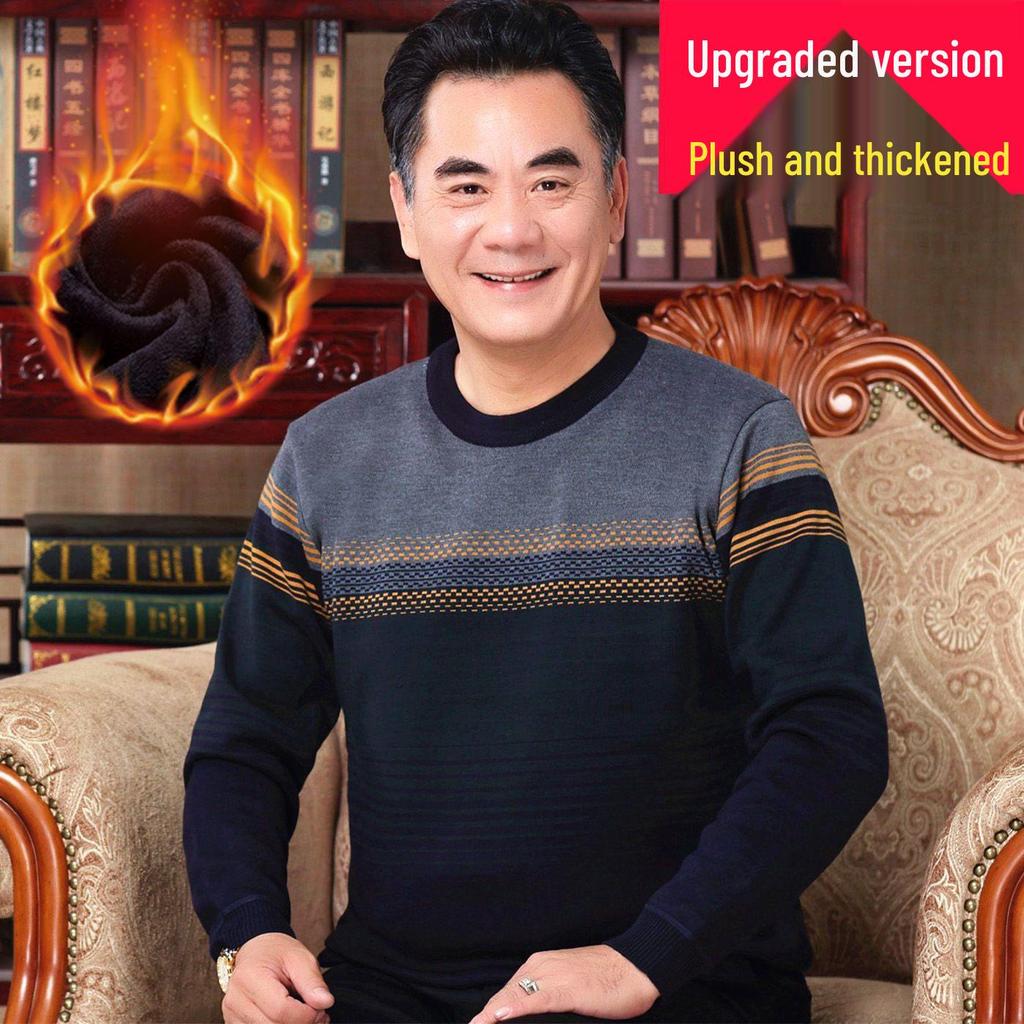 Men's Thick Fleece-Lined Sweater - Grandpa Style, Round Neck, Perfect for Winter Warmth