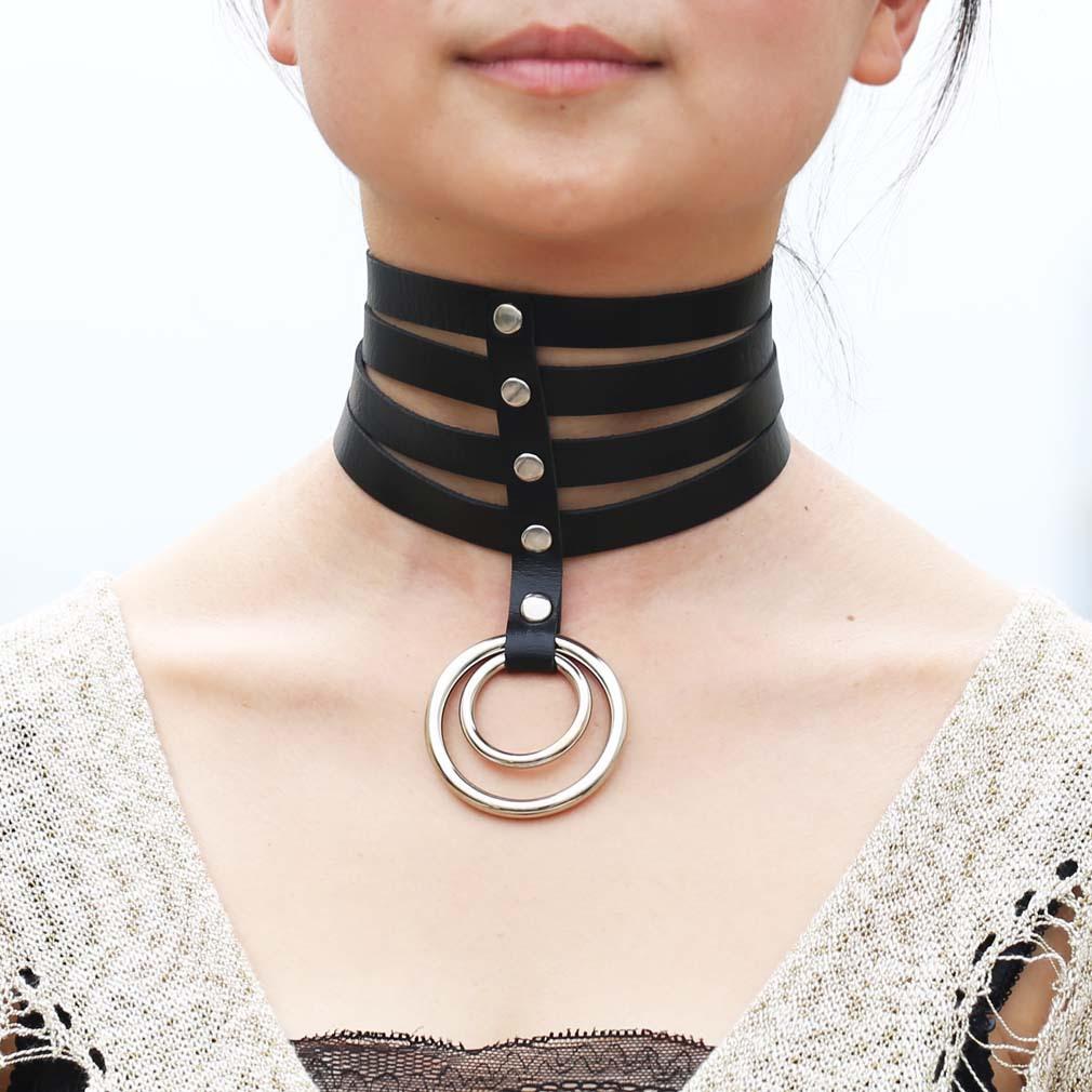 Four Row Rivet PU Leather Choker, Harajuku Punk Circular Ring Street Bar Necklace