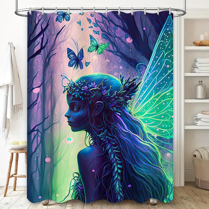 Beautiful Fairy Shower Curtain Enchanted Forest Design with Wings and Butterflies for Bathroom Decorations Soft Fabric Material