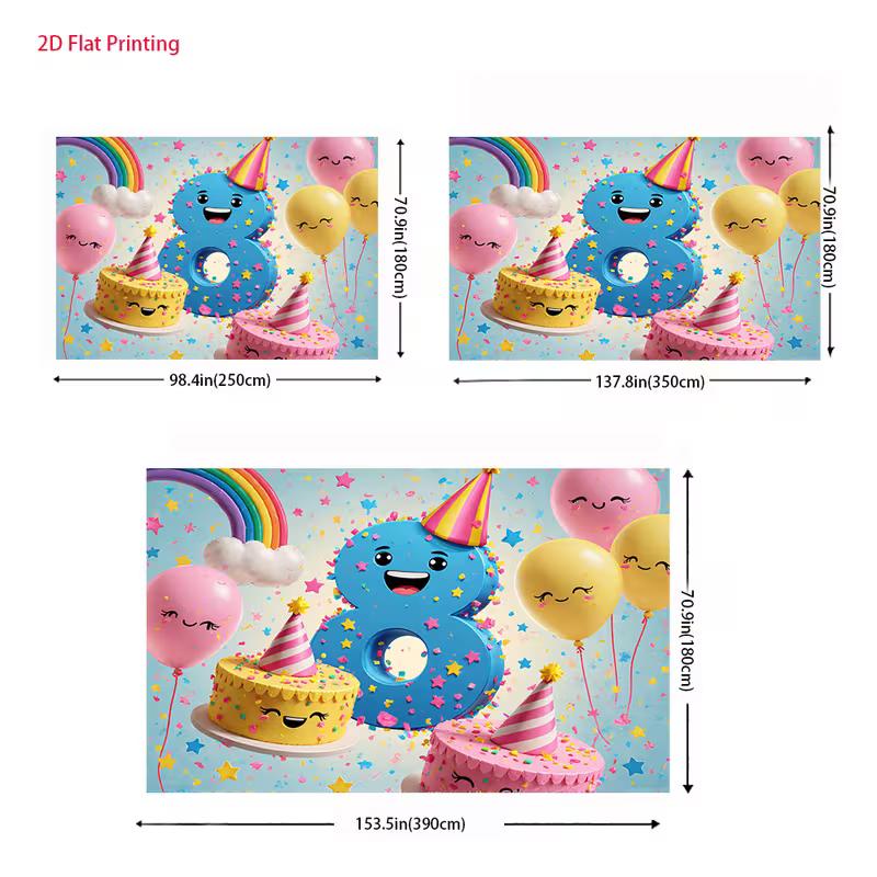Toile de fond 2D pour 8ème anniversaire pour filles, Mignon Chiffre 8 Dessin Animé avec des Gâteaux Souriants et des Ballons