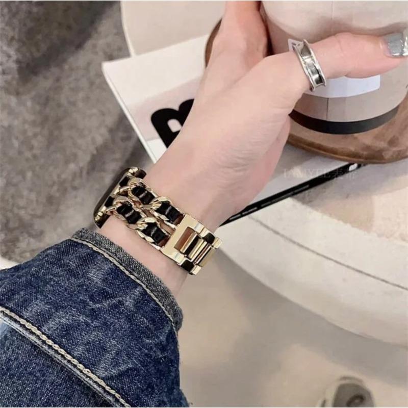 Fashion Leather Stainless Steel Bracelet Link For Apple Watch Band Series 11/8/7/6/10/9 40mm 41mm 38mm 42mm 44mm 45mm 46mm Strap